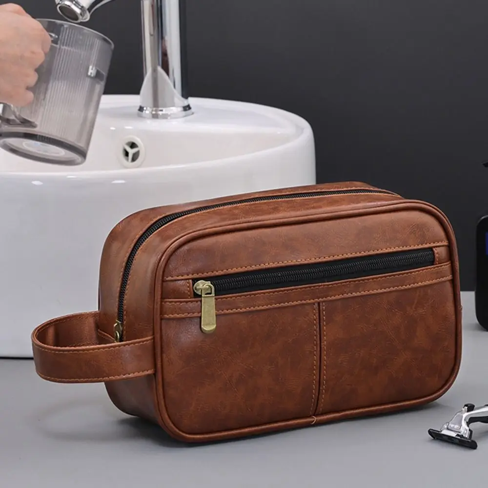 

Portable Retro Men Leather Wash Bag Handheld Multi Pocket Cosmetic Storage Bag Zipper Waterproof Makeup Pouch For Home