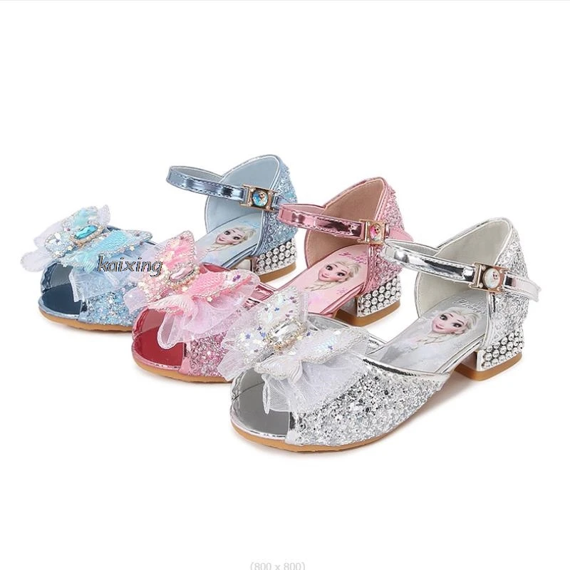 Frozen Elsa Kid's Pink High-heeled Sandals Children New Shoes Princess Dress Slipper Girls Love  Single Pearl Dance Shoes