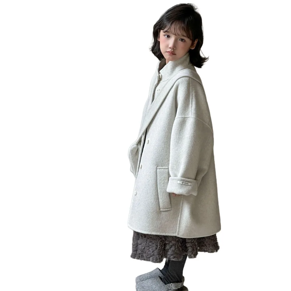 Girls Double Sided Wool Coat Autumn Winter New Korean Style Mid-Length Overcoat for Big Kids Kids Woolen Jacket With Handbag