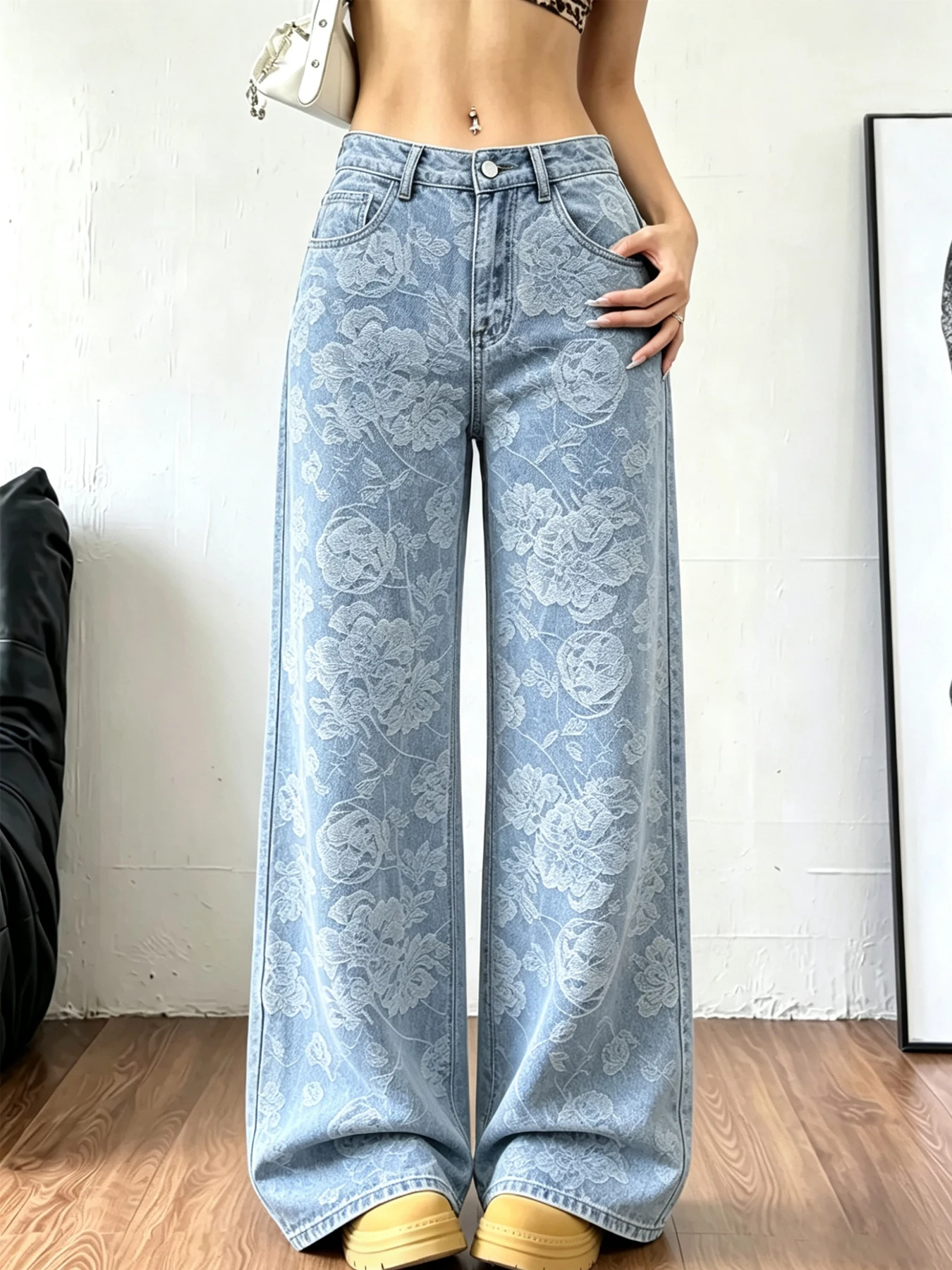 High-Waisted Rose-Patterned Wide-Leg Jeans for Women, Vintage Light Blue Jeans, Casual Loose-Fit Straight-Leg Pants, Street Styl
