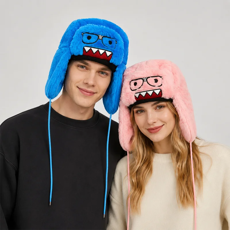 Cute Plush Animal Hat Fuzzy Earflap Cap Warm Winter Trapper Hat Cartoon Monster Design Soft Fur Beanie Unisex
