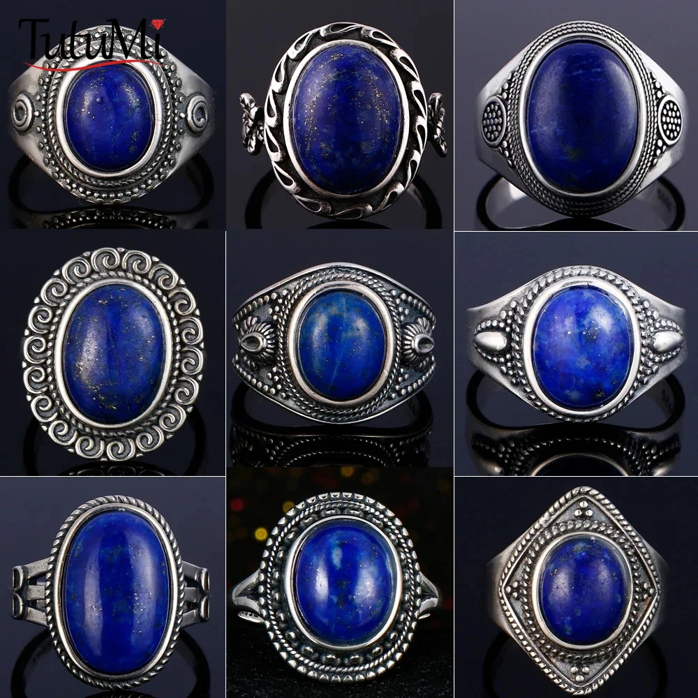 925 Sterling Silver Oval Natural Lapis Lazuli Ring for Women Men Gift Vintage Jewelry Large Ring