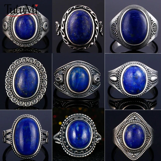 Pierścionek vintage ze srebra próby 925 z owalnym naturalnym lapis lazuli, pierścionek z dużym kamieniem, wysokiej jakości biżuteria, prezenty na przyjęcia dla kobiet i mężczyzn