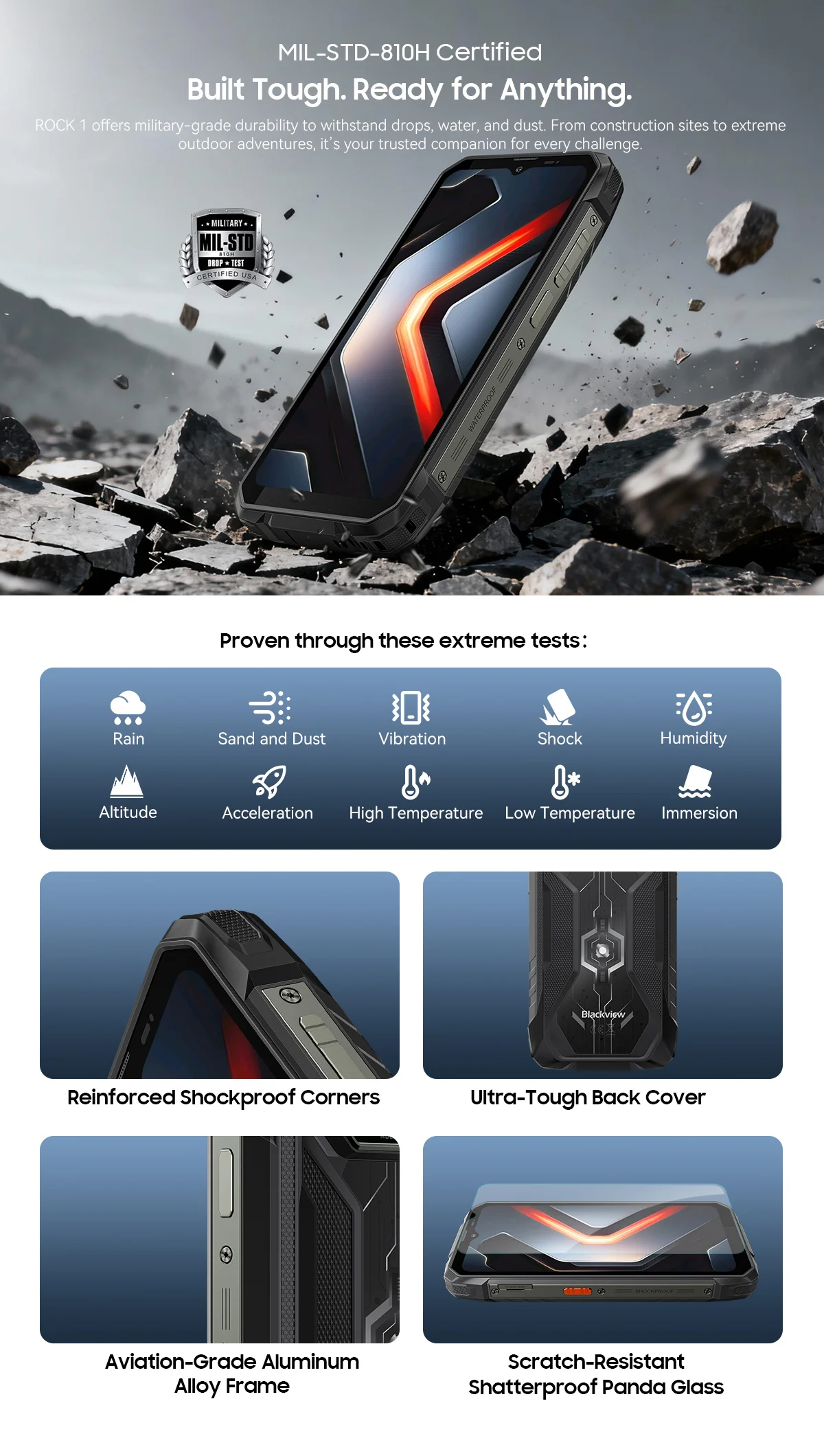 Blackview ROCK 1 Rugged Smartphone, Android 16, 24GB(8+16GB Expand) RAM 256GB ROM, 6.56" HD+ IPS Display, 15000mAh Large Battery, Underwater Camera, IP68 IP69K, Helio G81, Wi‑Fi 5 BT 5.0, NFC