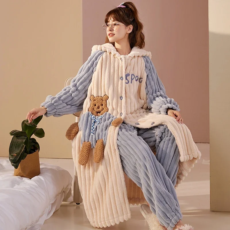 Cartoon Flannel Nightgowns Long Thick Coral Velvet Pajamas Set Women Winter Cute Bear Warm Hooded Nightdress Sleepwear Suit