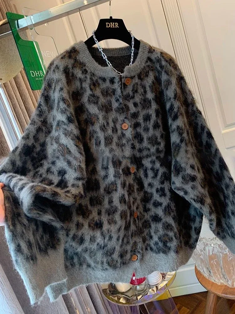 

Retro luxury, lazy retro leopard print mohair sweater, cardigan jacket, loose oversized top, women's autumn and winter