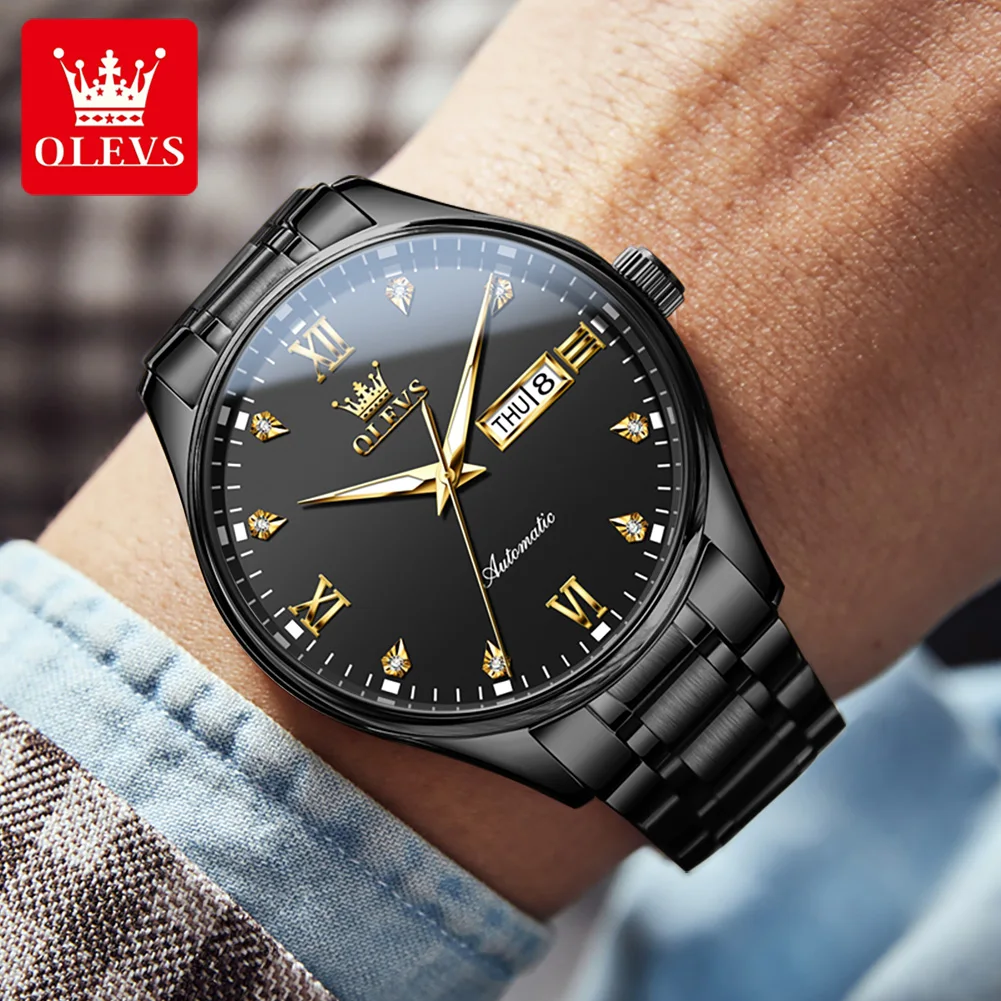 OLEVS Brand New Luxury Mechanical Watch for Men Stainless Steel Waterproof Luminous Hands Week Calendar Fashion Mens Watches