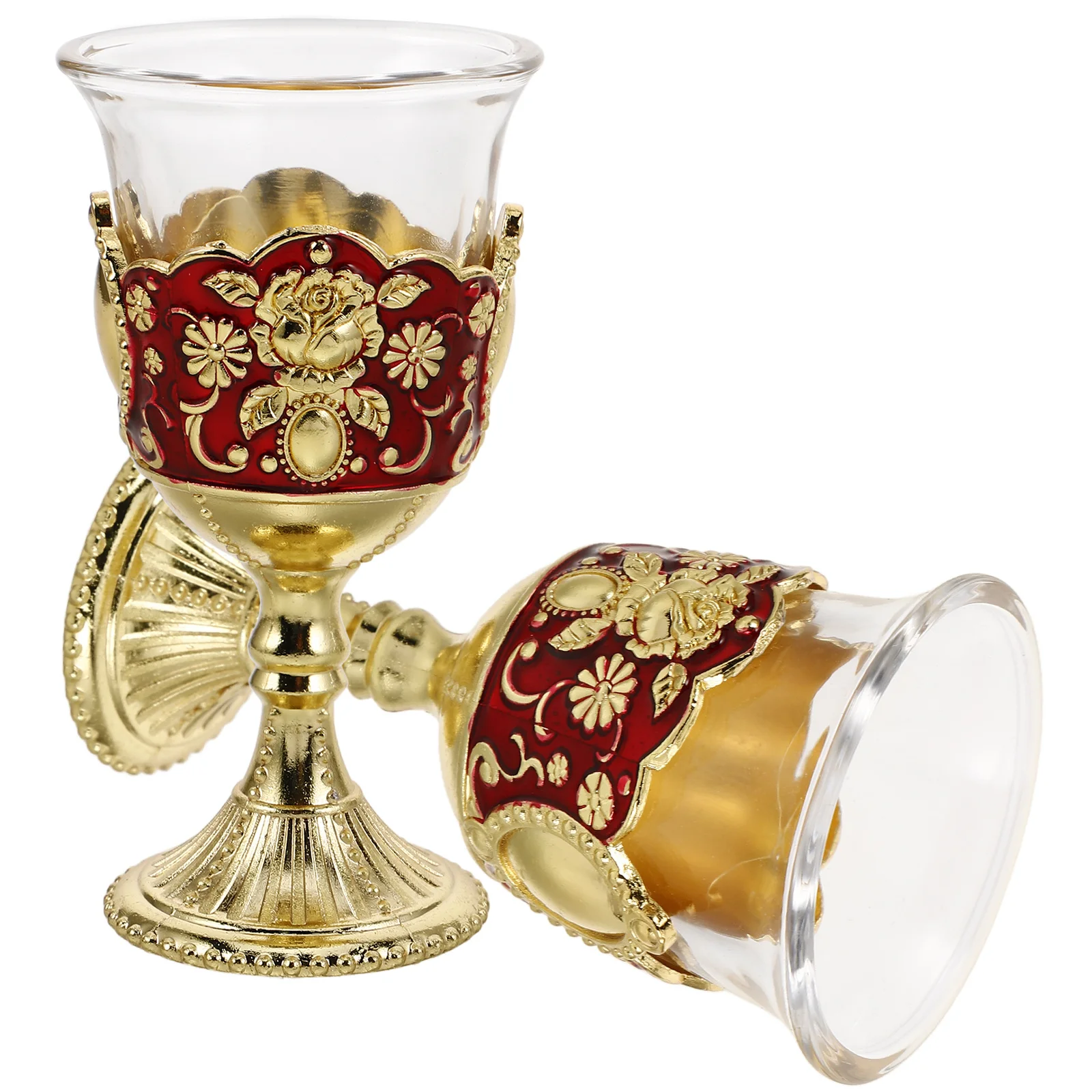 

2Pcs Vintage Style High Stem Small Liquor Cups Elegant Metal Wine Goblet Cups Wedding Celebration Decorative Cup