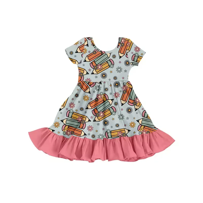 Boutique ABC Girls Back to School Dress Clothing Apple Pencil Printed Summer Short Sleeve Dress