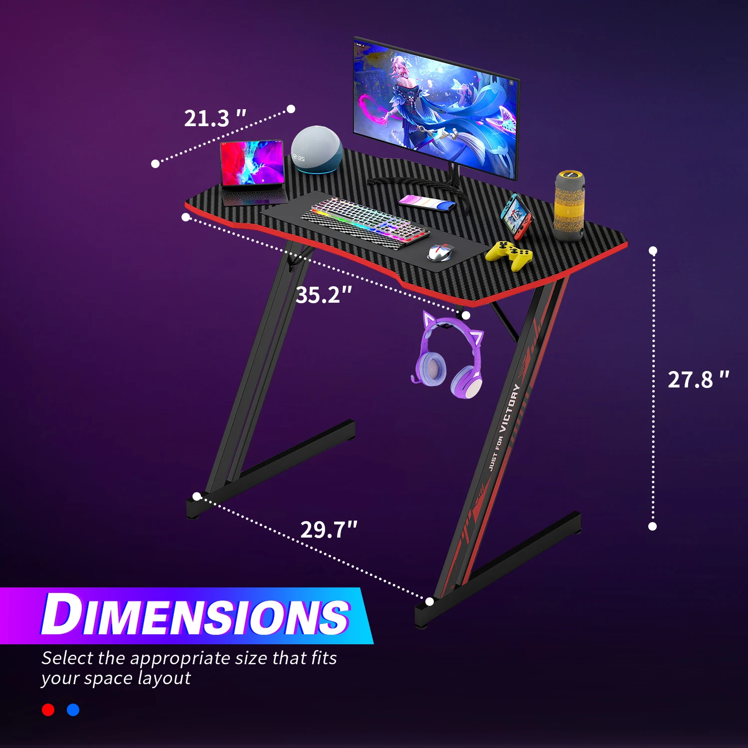 مكتب ألعاب مقاس 35 بوصة، مكتب كمبيوتر بسطح من ألياف الكربون على شكل Z، طاولة محطة عمل مريحة مع خطاف سماعة الرأس للمكتب المنزلي