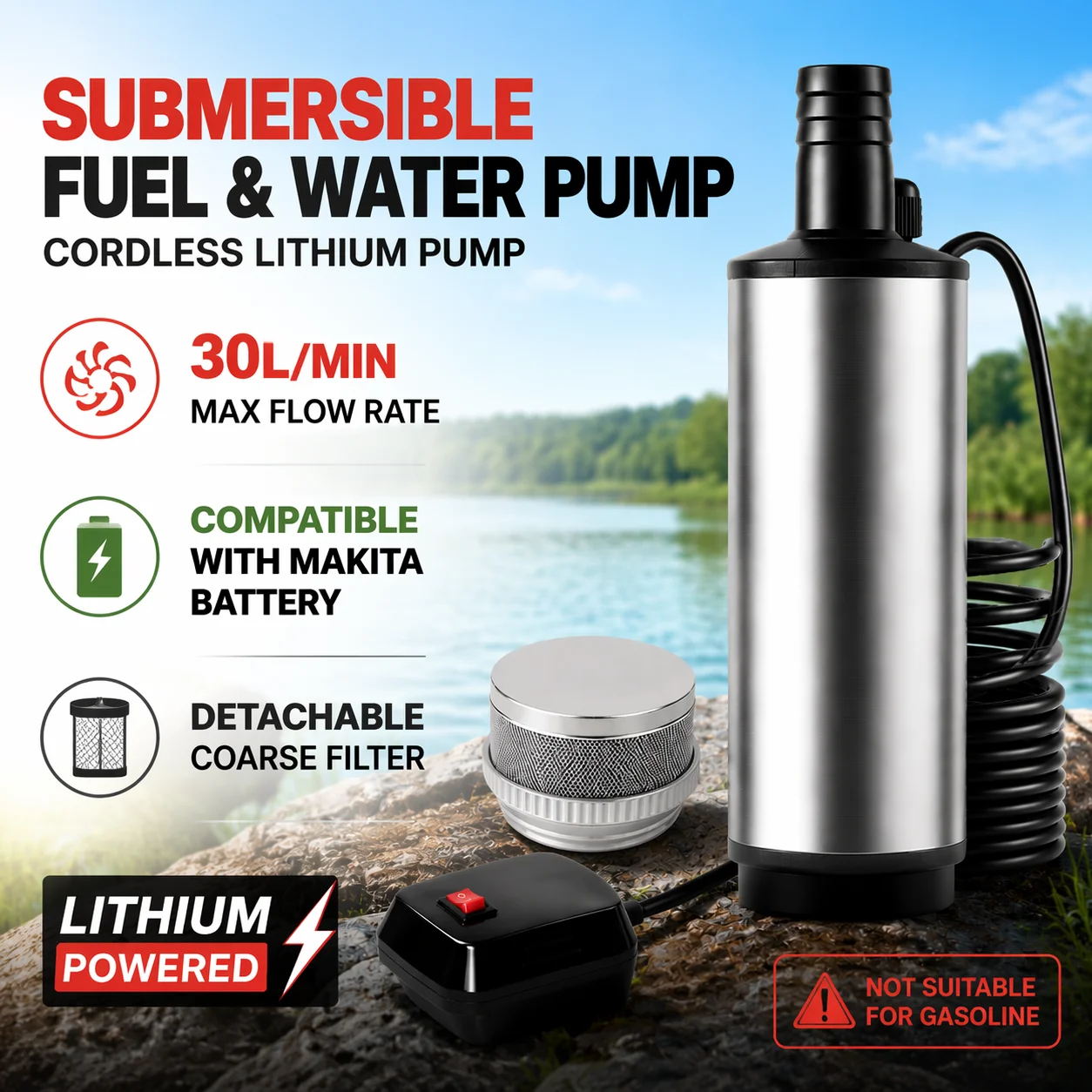 HILDA 30L/min Portable DC Submersible Fuel Transfer Pump For Vehicle Refueling Farm Irrigation Compatible with Makita Battery