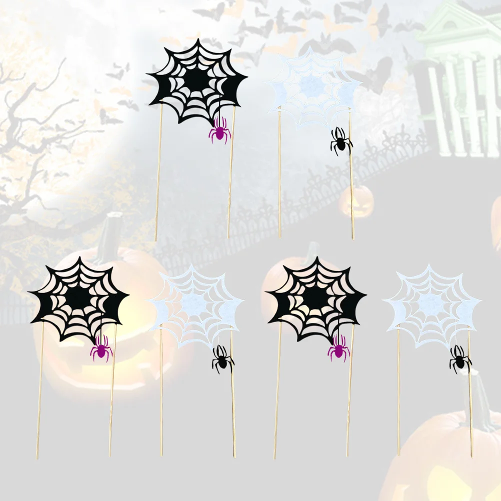 

6Pcs Halloween Spider Web Cake Toppers Black White Decorative Picks for Party Dessert Cupcake Decoration Festival