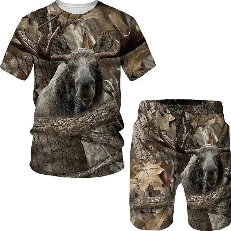 New Men\'s Camouflage Hunting Animal 3D Print T-shirt Set High-Quality Tracksuit 2pcs Sets Fashion Short Sleeve Pullover Clothing