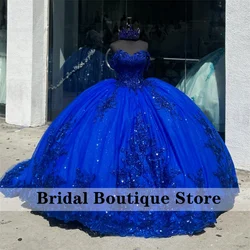 Luxury King Blue Appliques Quinceanera Dress Beads Lace Flowers Court Train Ball Gown Pageant Sweet 15 Party Vestido Customized