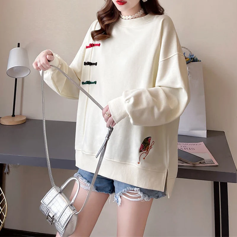 Vintage Embroidery Oversized Streetwear Female Sweatshirt Autumn Casual Black White Long Sleeve Pullover Loose Cotton Tops Women