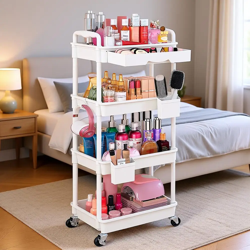 

Rolling Makeup Organizer Cart, 4 Tier White Plastic Skincare Storage Cart for Vanity, Cosmetic Display, Nail Polish, Perfume, Ha