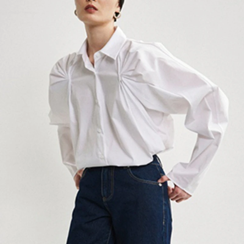 

Рубашка Maxdutti в скандинавском минималистском стиле с плиссировкой на плечах, женская одежда, женская рубашка, элегантный топ с свободным воротником и длинными рукавами для повседневной носки