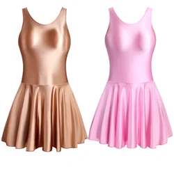 Sexy women gloss Silky one piece Swimsuit tight Vest Sports yoga ballet party dress leotard Beach Satin Short skirt