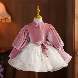 Baby Girls Light Luxury Evening Princess Ball Gown Children Sweet Velvet Patchwork Beading Bow Design Birthday Party Dress y1067
