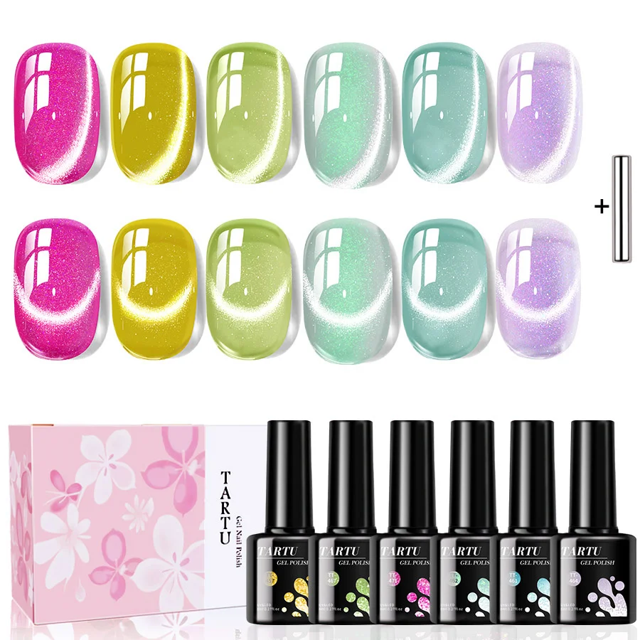 Cat Eye Gel Nail Polish Set 6pcs, Pink Green Purple 6 Colors Semi-permanent Gel Polish Kit, Soak Off Uv/Led,Nail Art Manicure