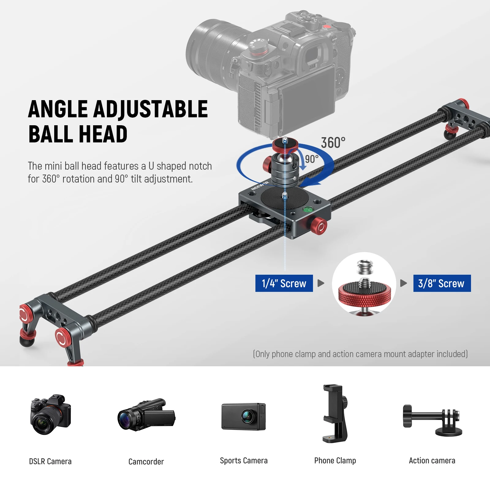 NEEWER 40cm/60cm Carbon Fiber Camera Slider with 360° Ball Head/Phone Clamp/Camera Mount, Dolly Rail Track For GoPro Insta360