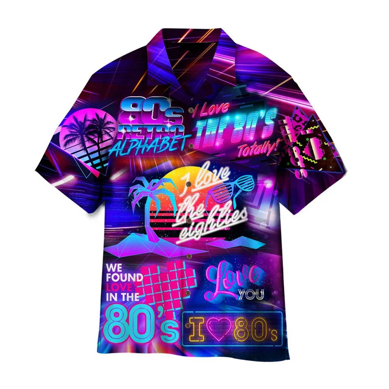 Kolorowe koszule hawajskie z nadrukiem 3D dla mężczyzn Cool 80s Patterns Blouse Summer Vacation Short Sleeves Tops Loose Aloha Shirts