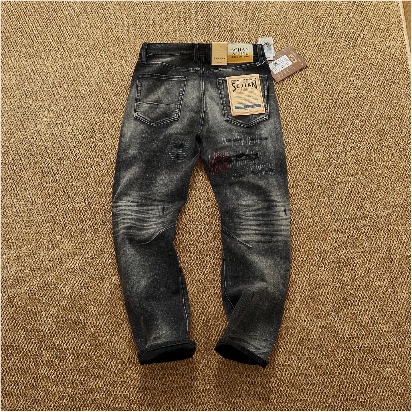 بنطال جينز أمريكي عتيق غير رسمي من الفحم المتقدم مغسول ثقيل الوزن للرجال بنطال مستقيم مستدق طفيف