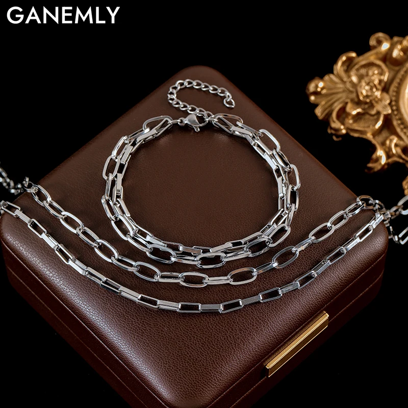 GANEMLY Silver Color Multilayer Chain Jewelry Set For Women Stainless Steel Hypoallergenic Waterproof Necklace Bracelet New Gift