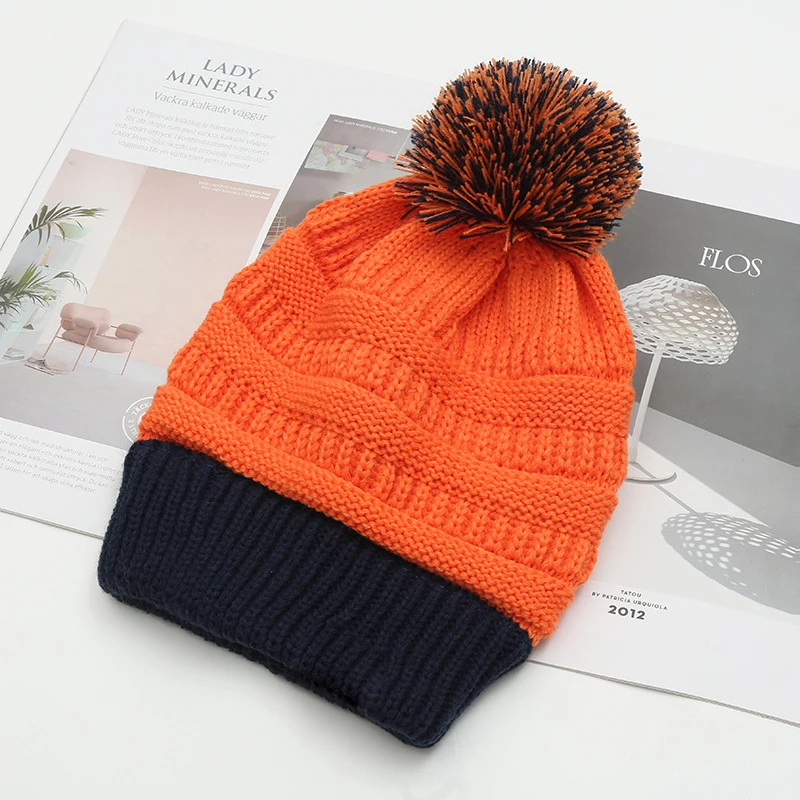 Autumn Winter Hat Matching Knitted Beanies Skully Trendy Warm with Pompom Fur Pom Pom For Women Double Color Fashion Beanie