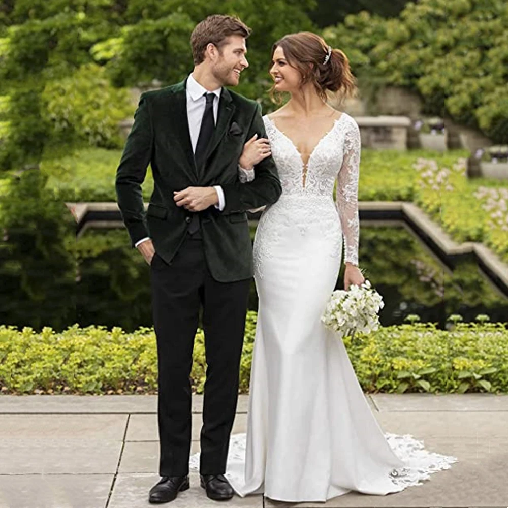 Vestido De Novia De sirena De manga larga, elegante, con Espalda descubierta, Apliques De encaje, romántico