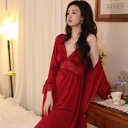 Long Sleepwear French Style Nightgown 2 Pieces Robe Set Women Bride Wedding Kimono Gown Sexy Lace Nightwear Lady Loungewear