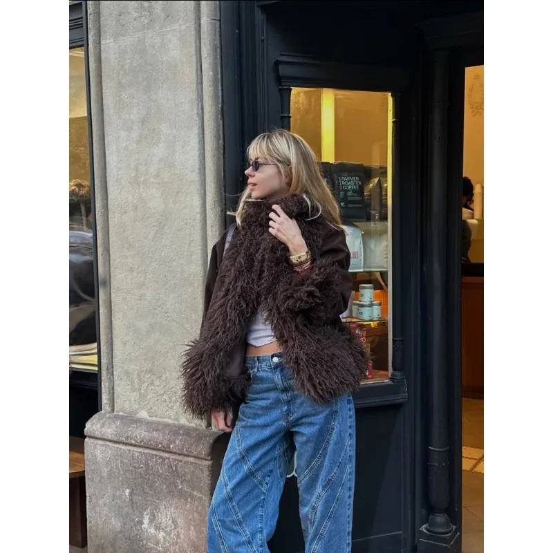 2025 Autunno Inverno Spessore Lady Outwear Retro Nappa Pelliccia Sintetica Patchwork Cappotto da Donna Moda Manica Lunga Solido Cardigan Femminile