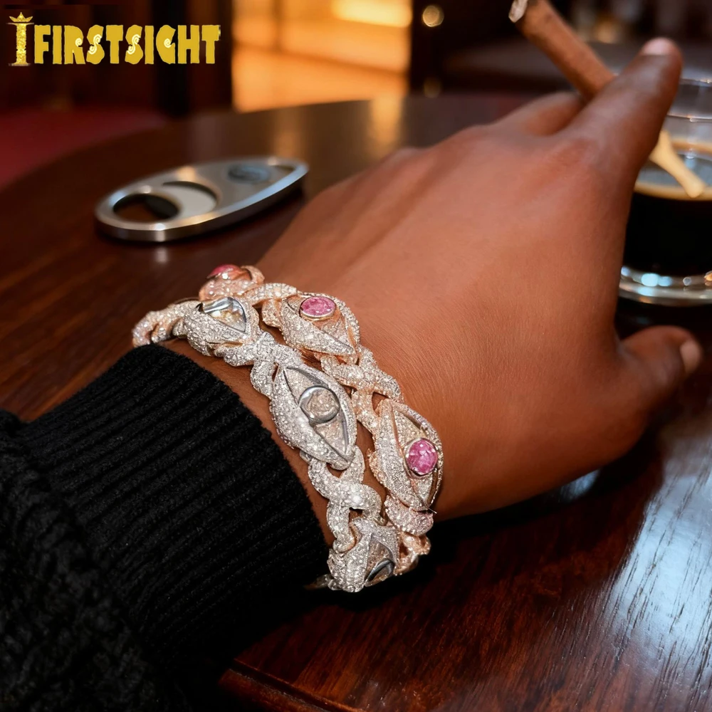 Pulsera de eslabones infinitos de ojo colorido helado para hombres Color oro rosa Zirconia cúbica cadena cubana joyería de Hip Hop