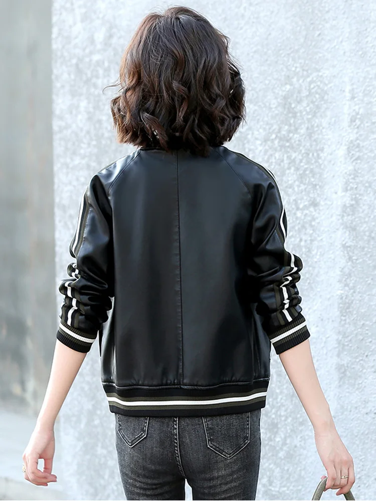 New Women High Street Split Leather Baseball Uniforms Street Casual Coat 2024 Spring Autumn Loose Stitching Sheepskin Jacket