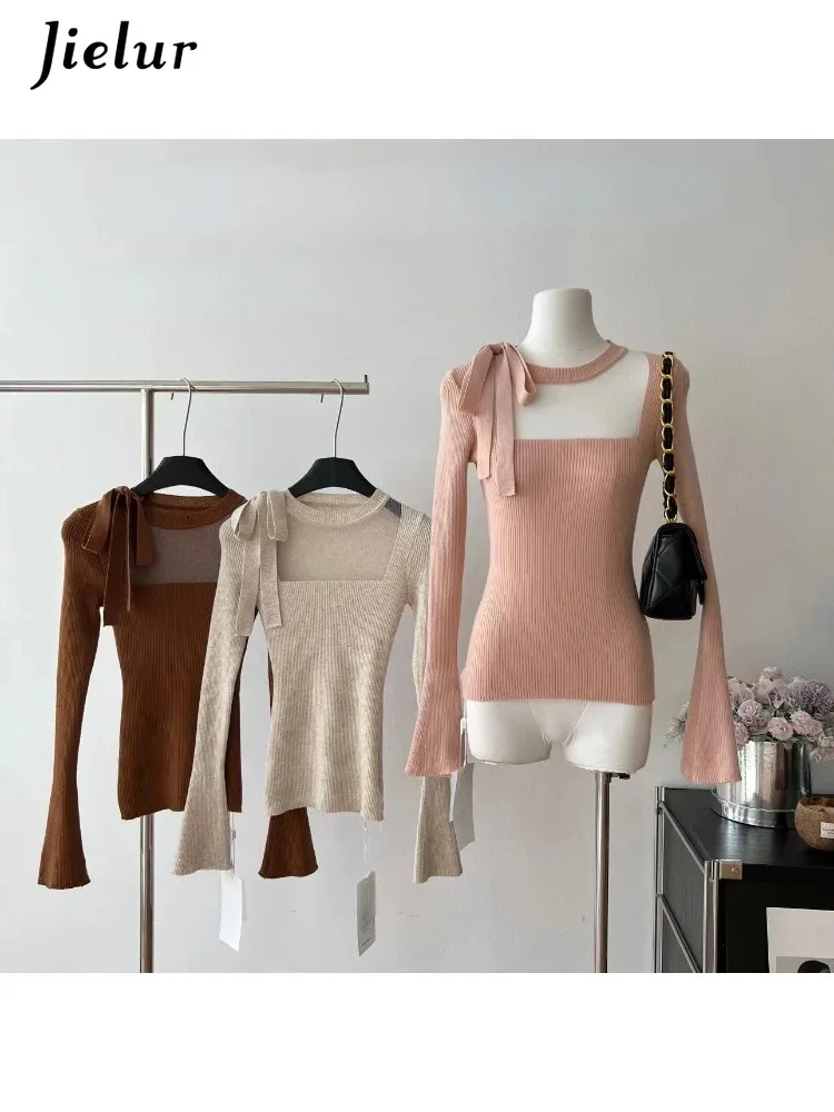 Jielur Spring Korean Fashion Knitted Sweater Y2k Crop Tops Women Casual Long Sleeve Elegant Slim Pullovers Outwear Office Lady