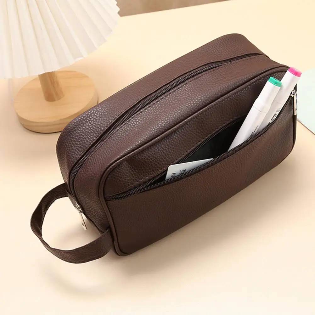 Unisex Storage Bag Plaid Faux Leather Zipper Closure Waterproof Toiletry Pouch Cosmetic Makeup Brush Tools Outdoor Travel Pouch