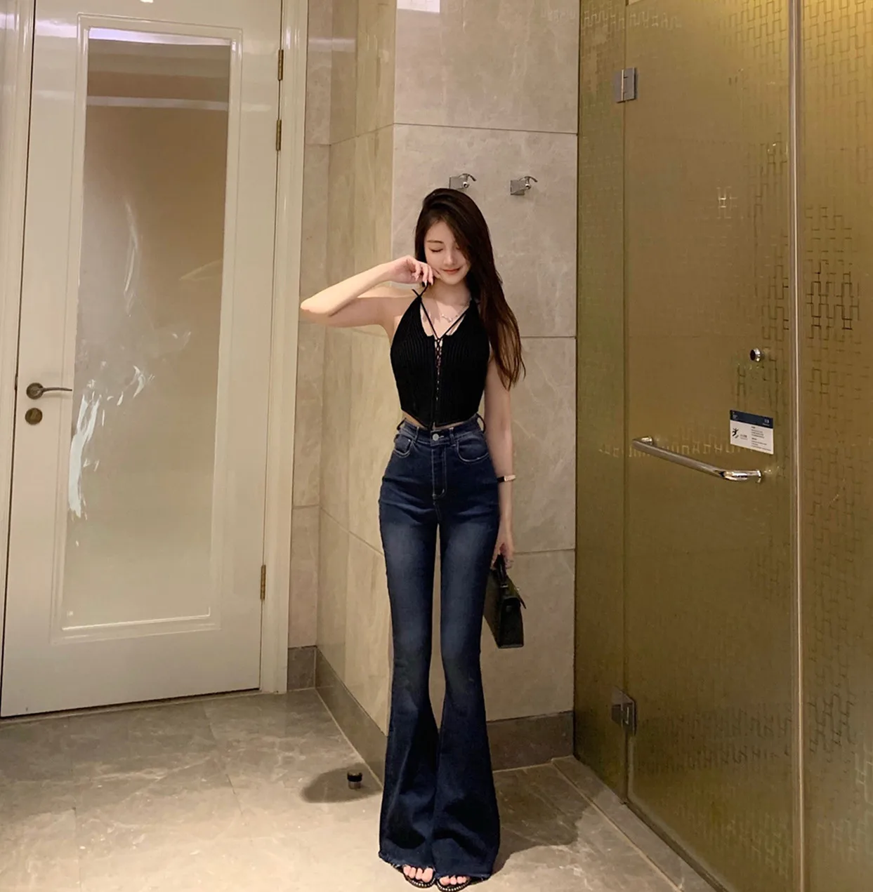 

Джинсы-клеш с высокой талией, темно-синие, удлиненные, с эффектом пуш-ап, с рваным краем, джинсы из денима с эффектом персиковых ягодиц