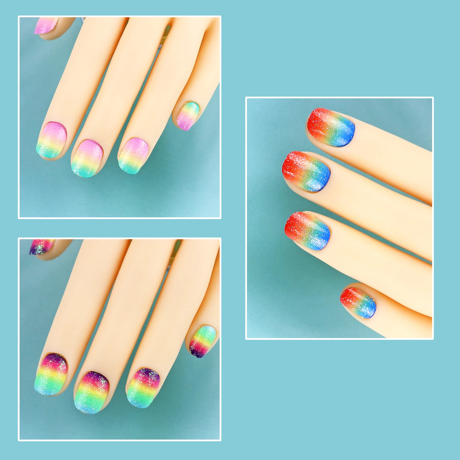 24 個レインボーキッズプレスオンネイルプレグルー子供グラデーショングリッター偽ネイルアートのヒントショートフルカバー偽爪女の子のため