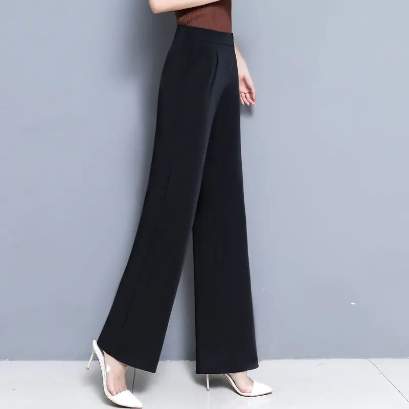 Spring and Autumn Women\'s Solid Pocket High Waist Elastic Elastic Wide Leg Loose Fit Fashion Elegant Commuter Casual Pants