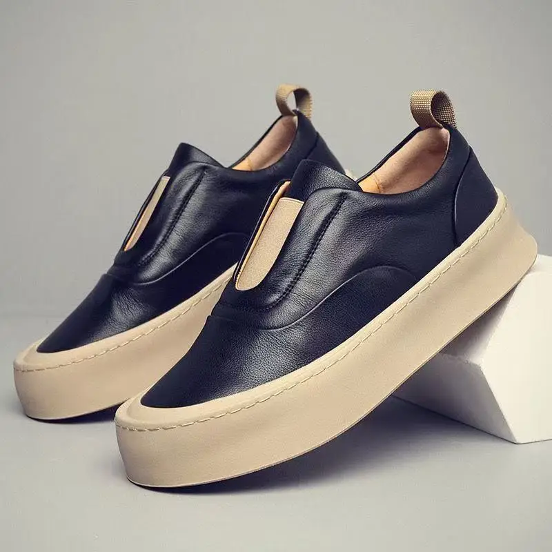Original Brand Men's Leather Shoes Luxury Genuine Cowhide Elastic Band Design Loafers for MenBusiness Leisure Lazy Shoe Sneakers