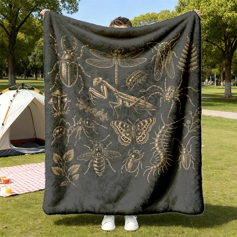 90s Bugs Cozy Blanket, Vintage Insect Graphic Warm Blanket, Tattoo Style Centipede Ant Mantis Design, Entomology Nature
