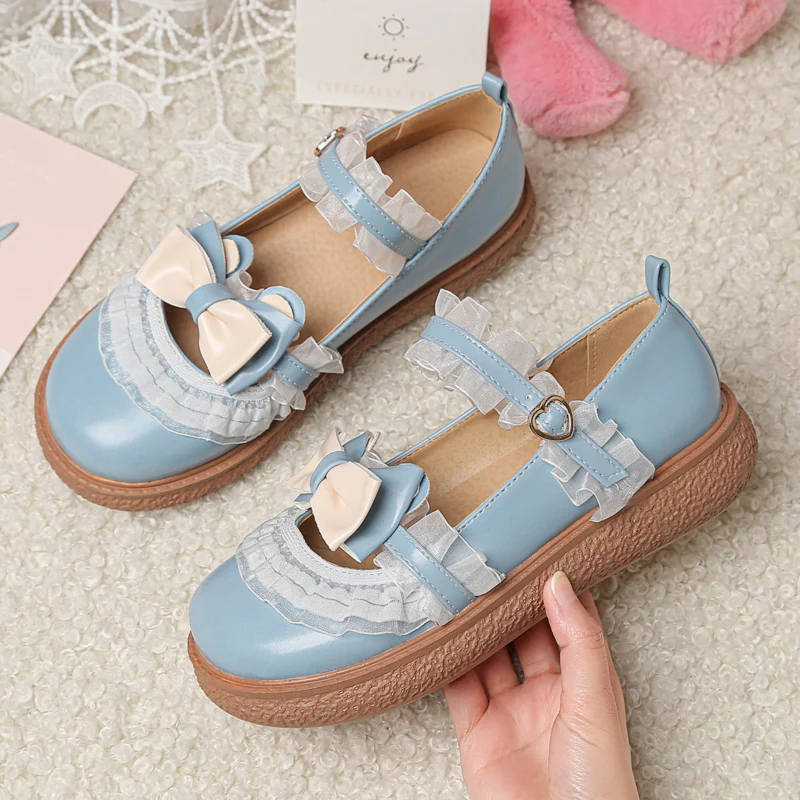 Contrast Color Fashion Sweet Lolita Shoes School Girls Bow Lace Flat Heel Pumps Strap Buckle Japanese Kawaii Princess Cosplay