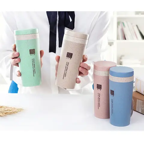 Portable 300ml Thermos Bottle Healthy Plastic Wheat Fiber Cup Double Layer Thermal Mug Office Coffee Tea Water Bottle Travel Mug