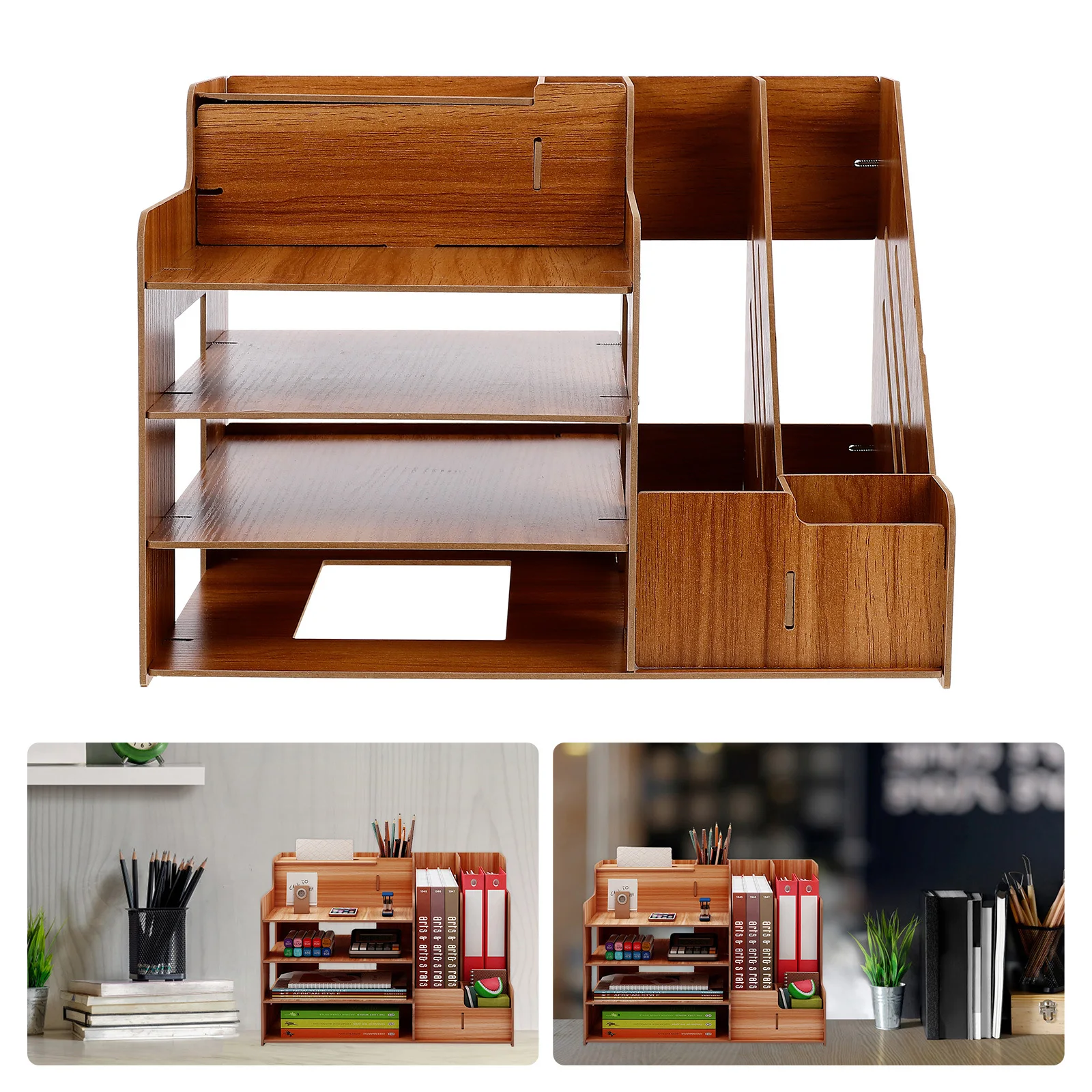Wooden Desktop Rack Cherry Wood Stationery Desktop Organizing Holder Organizer Tabletop Shelf For Home Office Bedroom Dorm Use