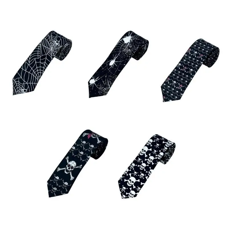 

652F Scary Spiders Skull Pattern Necktie Halloween Party Accessory Neckwear Comfortable Tie for Festival Holiday Gathering