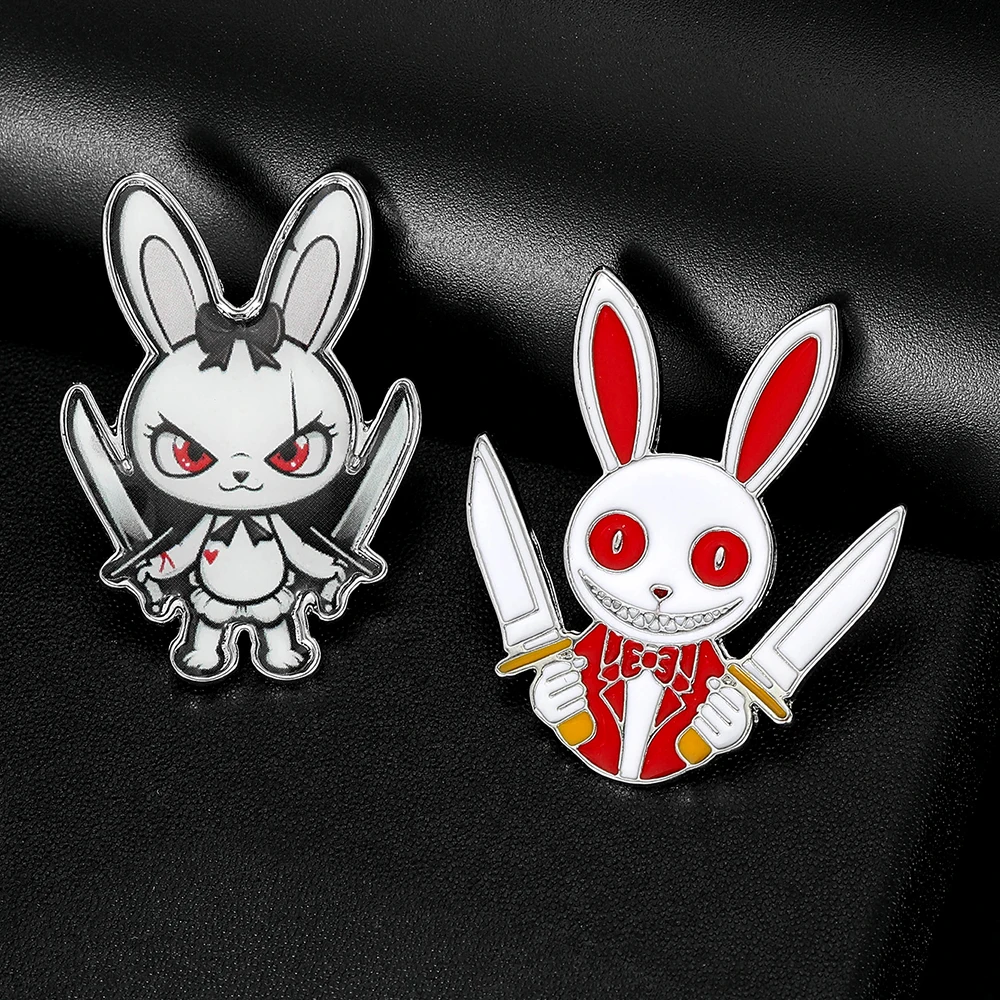 Personality Double Knife Demon Rabbit Enamel Brooches Creative Darkness Double Blade Devil Bunny Drop Glue Pins