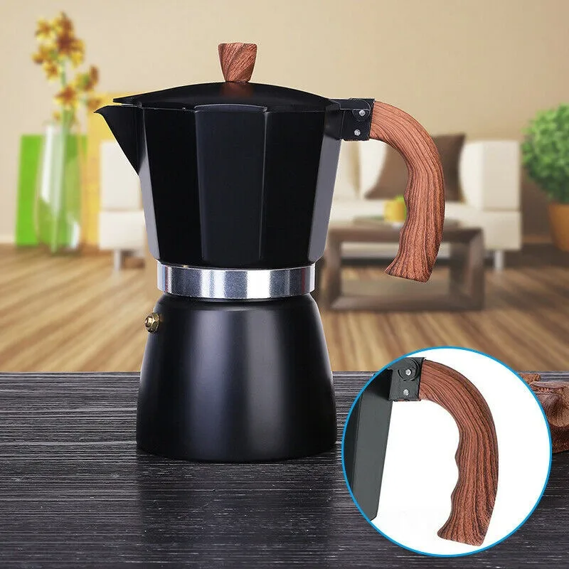 Macetas Moka italianas, cafetera Espresso de aluminio, percolador, estufa, olla superior con mango de madera, herramientas de café, accesorios de cocina y cafetería