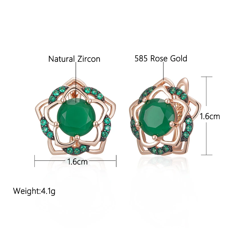 SYOUJYO Green Flower Natural Zircon Earrings For Women 585 Rose Gold Color Skeleton Luxury Party Jewelry