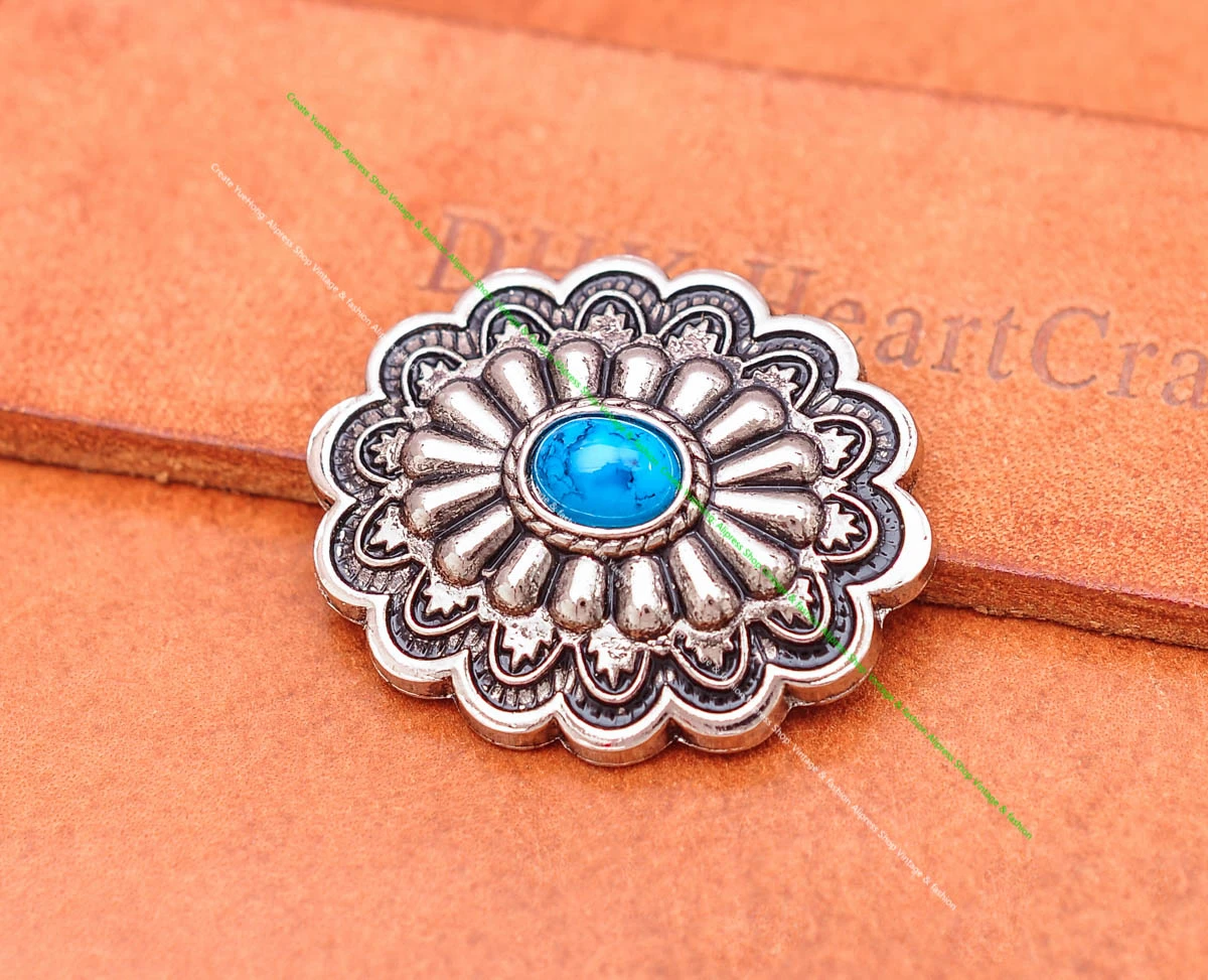 35*28MM Antik Silber Ethnische Indische Blumenkunst Himmelblau Türkis Concho Screwback Für Lederhandwerk Gürteltasche Hut Hardware – Detail 26