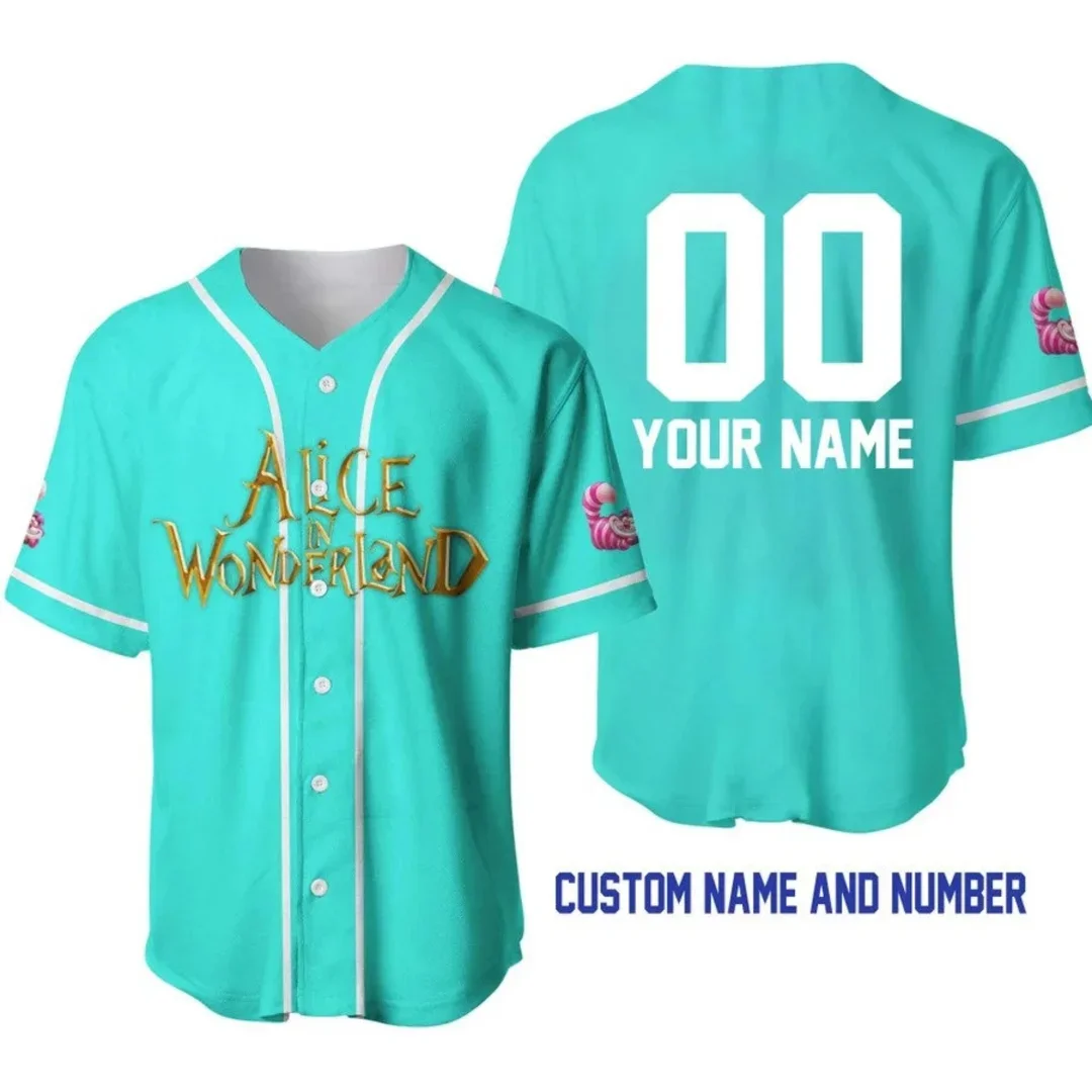 Alice in Wonderland Baseball Jersey Men Women Short Sleeve Button Up Jersey Disney Baseball Jersey Custom Name Baseball Uniform